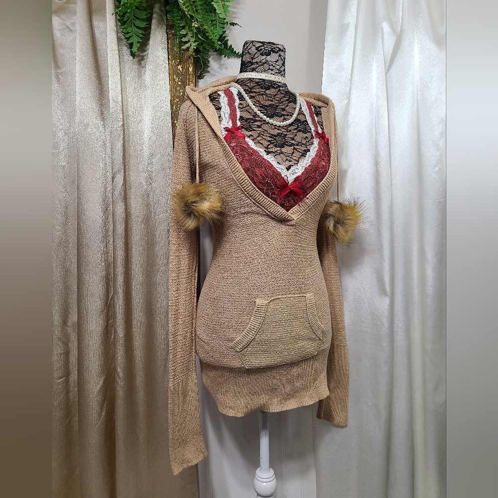 ♡ Y2K ♡ Hollister Tan Brown Angora Hooded Babydoll Sweater - Picture 3 of 9